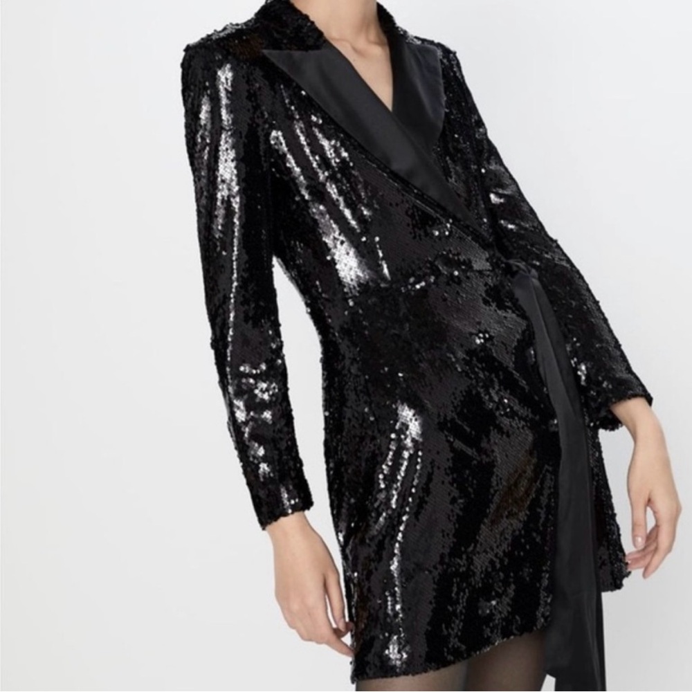 Zara Black Sequin Satin Trim Blazer Dress - Picture 3 of 5